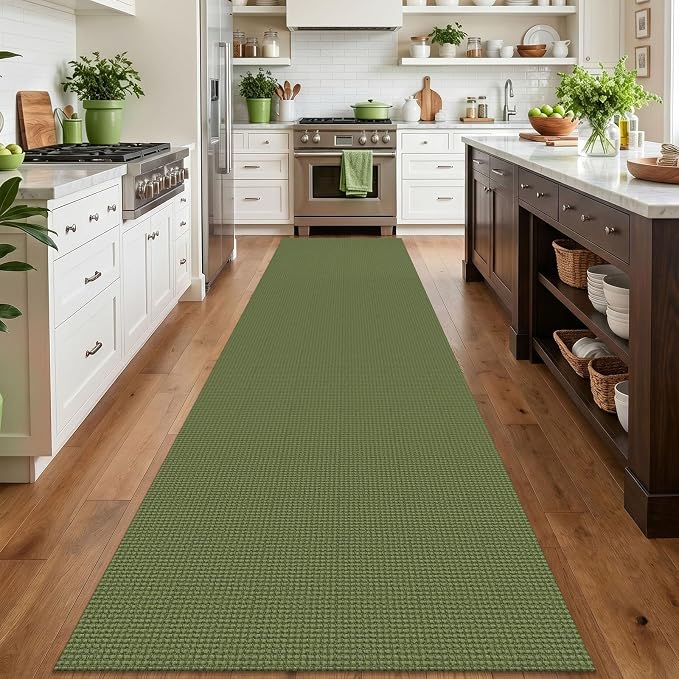 IOHOUZE Washable Exrea Long Hallway Runner Rug 3x14 Non Slip Rubber Backed Kitchen Runner Entryway Runner Indoor, Woven Rugs Floor Carpet for Kitchen Hall Entryway, Olive Green/Earthy Green