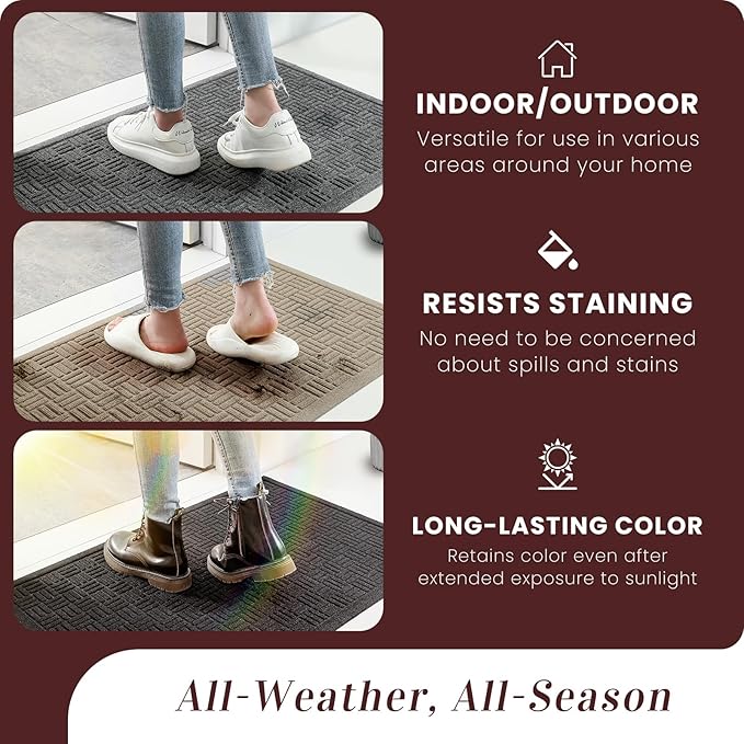Mibao Front Door Mat Indoor Outdoor Entrance, Dirt Trapping Waterproof All-Season, All-Weather Doormat, Non-Slip Durable Natural Rubber Low Profile Easy Clean Patio Entrance Mat, 29.5" x 17", Grey