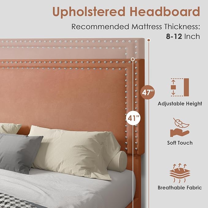 VECELO Full Size Platform Bed Frame with Height Adjustable Upholstered Headboard, Modern Mattress Foundation,Strong Wood Slat Support, No Box Spring Needed, Easy Assembly,Brown