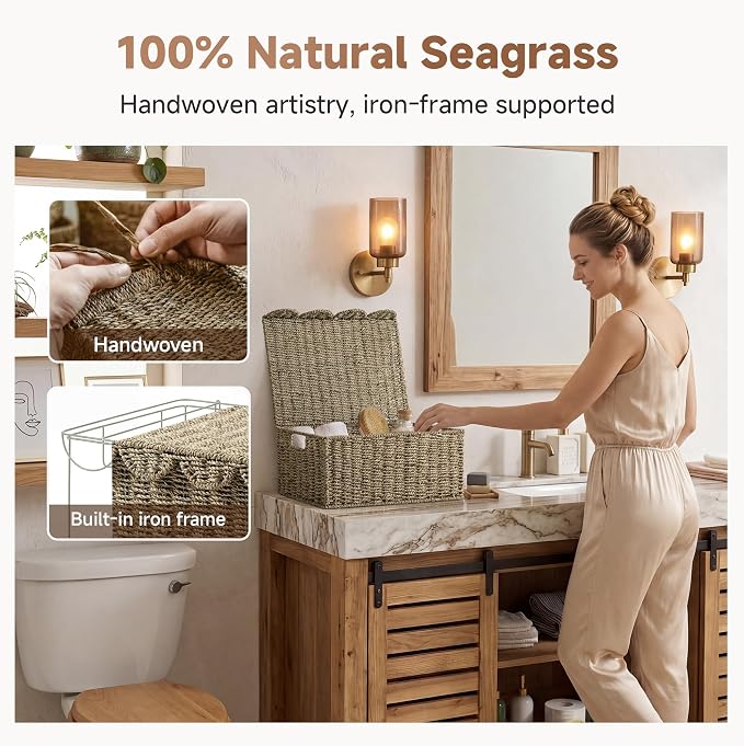 StorageWorks Wicker Basket with Lid, Scalloped Edge Woven Basket, Seagrass Storage Baskets with Lid, Scalloped Baskets for Shelves, Decorative Storage Boxes, 16½" L X 13" W X 7½" H