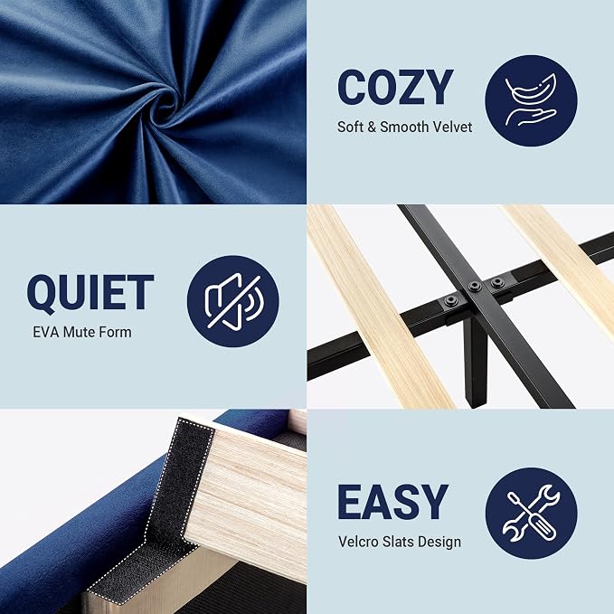 Allewie California King Size Platform Bed Frame with Adjustable Headboard | Plush Velvet Upholstered, Vertical Channel Tufted, Sturdy Wood Slats, No Box Spring Needed, Easy Assembly, Blue