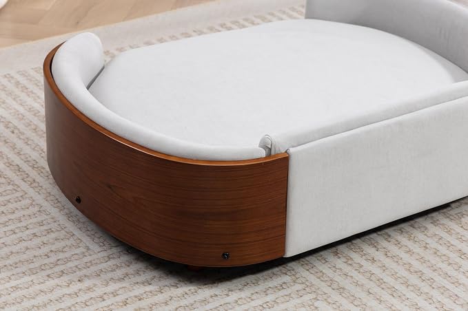 Scandinavian Style Elevated Dog Bed Pet Sofa with Solid Wood Legs and Bent Wood Back, Velvet Cushion, Large Size, Walnut Frame & Beige Cushion