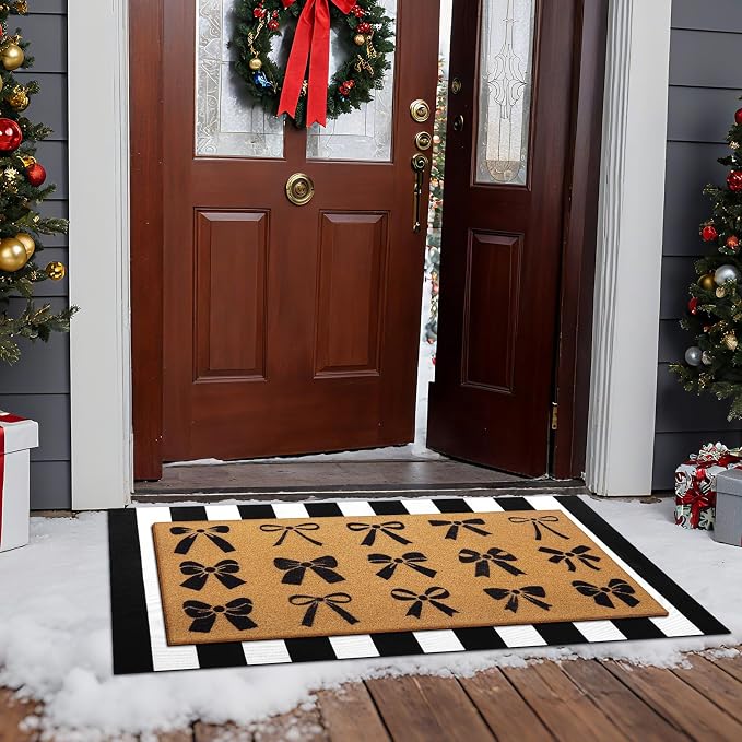 Tinideya 2 Pcs Door Mat Welcome Non Slip Coir Mats Floor Layering Doormats Seasonal for Front Porch Entryway Decor(Christmas Bows)