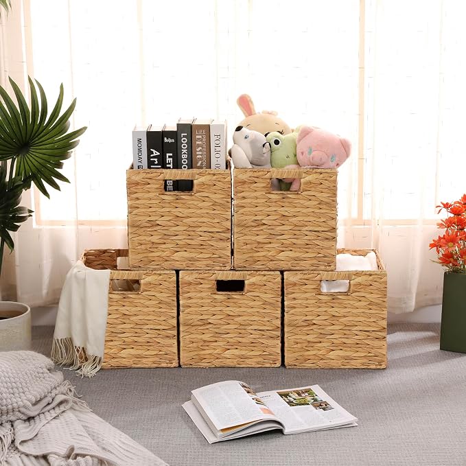 11x11in Wicker Storage Baskets Set of 5 Collapsible Water Hyacinth Basket | for Organizing,Handwoven Woven Bins for Bedroom,Living Room,Shelves - Natural