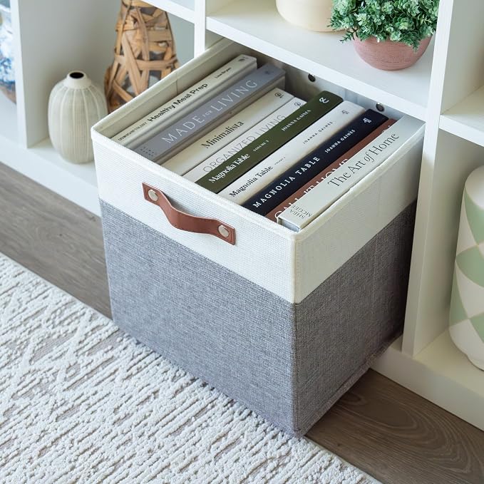 OrganiHaus 12x12 Cube Storage Bins, Set of 4 - Fabric Storage Cubes | Sturdy, holds its shape; odor-free; fits 12-inch cube shelves; vegan leather handles