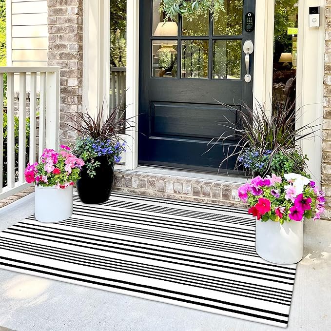 OJIA Black and White Outdoor Rug 3' x 5', Machine Washable Front Door Mats Outdoor, Cotton Hand-Woven Striped Porch Rug Entryway Rug Indoor/Outdoor Area Rug Floor Mat for Farmhouse/Living Room | Front Door Mats Outdoor Mat Cotton Woven Striped Porch Ru...