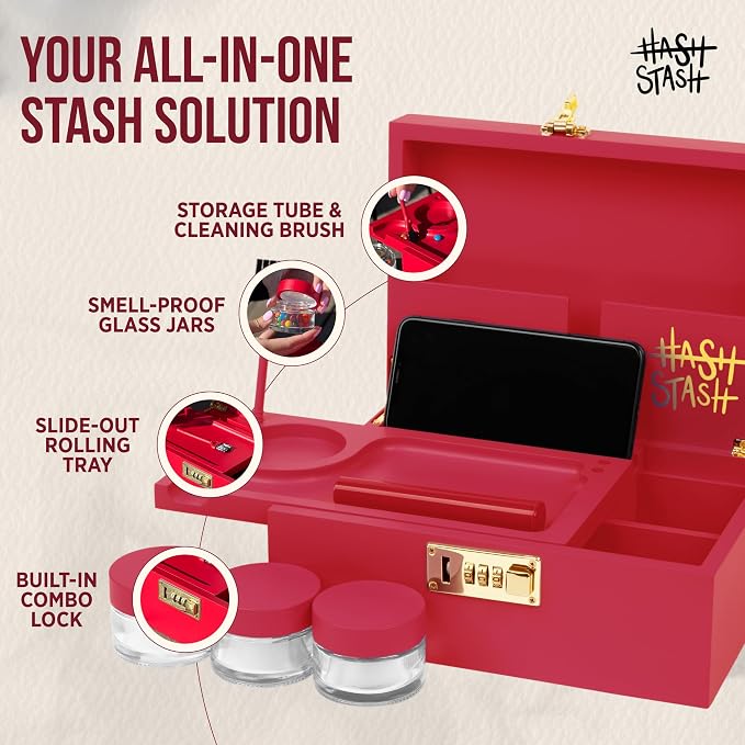 The OG Storage Box - Large Bamboo Box with Combination Lock, Magnetic Lid, Organizer Tray, Airtight Tube, Brush and 3 Glass Jars - Low Profile Decorative Storage Lock Box with Accessories (Red/Gold)