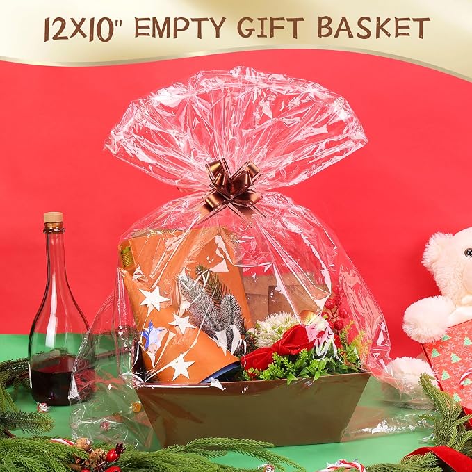 AFOROEOA 10PACK Baskets for Gifts Empty, 10x12”Thick Brown Gift Basket with Handles 10 Bows 10 Bags Empty Gift Baskets for Christmas Thanksgiving Wedding Birthday Party Wrapping Gift