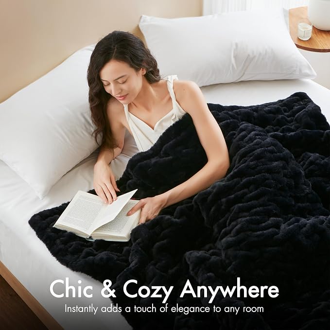 Madison Park Ruched Fur Throw Faux Fur Blanket for Sofa, 50" x 60", Black | Luxury, Premium, Soft Cozy Brushed Long Pile, All Season Plush Modern OEKO- TEX Certification Warm For Bed, Couch or Sofa