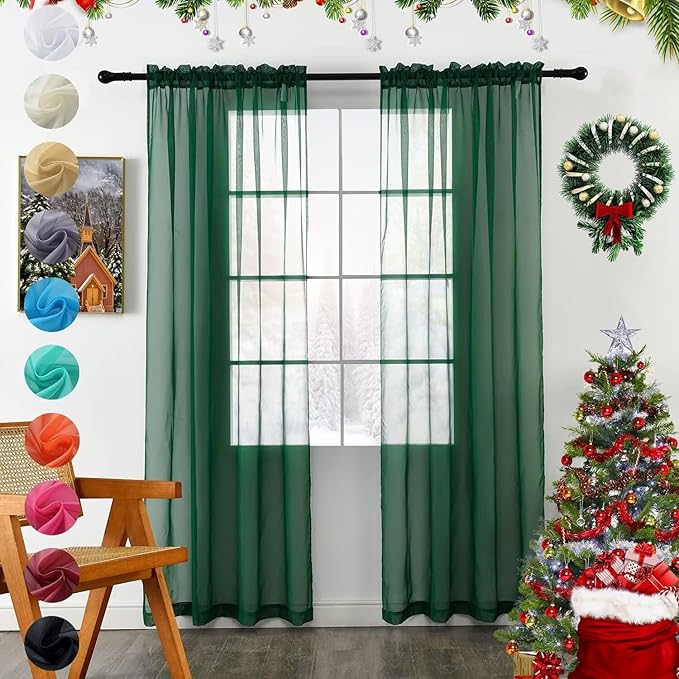 youleyar Solid Sheer Rod Pocket Curtain Voile Draperies 2 Panels White Beige Black Grey Coffee 52 Inch Width 63 Inch Long 1 Pair for Kitchen Bedroom Children Living Room Yard (Foliage Green,52Wｘ63L)