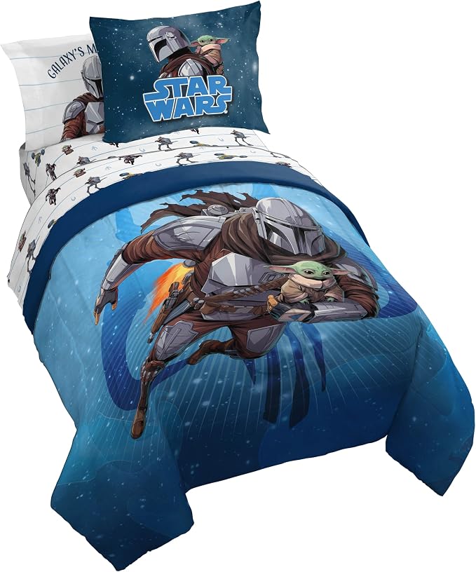 Jay Franco Kids Bed Set, Blue, The Mandalorian, 7 Piece Full | Cozy Soft Bedding for Stylish Room Décor with Comforter, Sheets & Pillow Covers