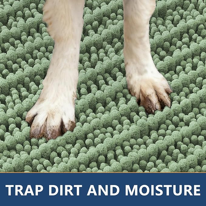 Smiry Dog Door Mat for Muddy Paws 36x24, Absorbent Dirt Trapper, Non-Slip Washable Chenille Entryway Rug for Inside Floor, Olive Green, Layered Pattern