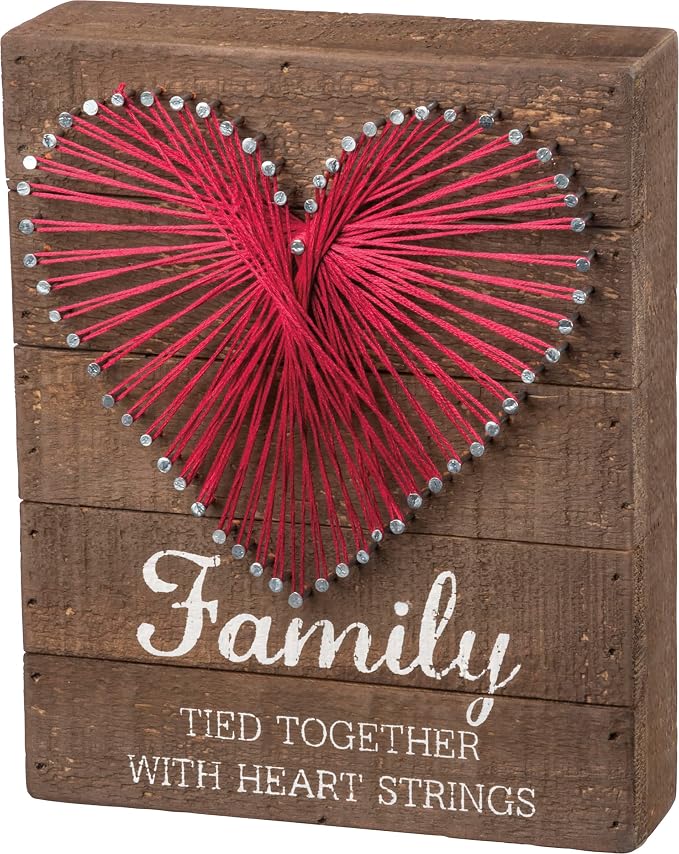 Primitives by Kathy Distressed Wood Slat Sign - 'Family Tied Together' with Hand-Strung Heart, Wall Art & Desk Decor for Home