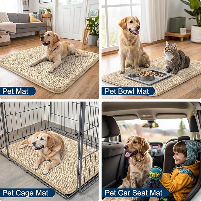 Smiry Dog Door Mat for Muddy Paws 59x20, Absorbent Dirt Trapper, Non-Slip Washable Chenille Entryway Rug for Inside Floor, Beige, Classic Solid