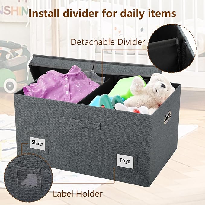 Graciadeco 75 Quarts Extra Large Decorative Storage Bins with Lids, 3 Packs Dark Gray Collapsible Storage Bins with Lids, Stackable Storage Bins Decorative Box Storage With Lid Extra Large | 75 Quarts 3 Pack Dark Gray Collapsible Stackable Linen Fabric...