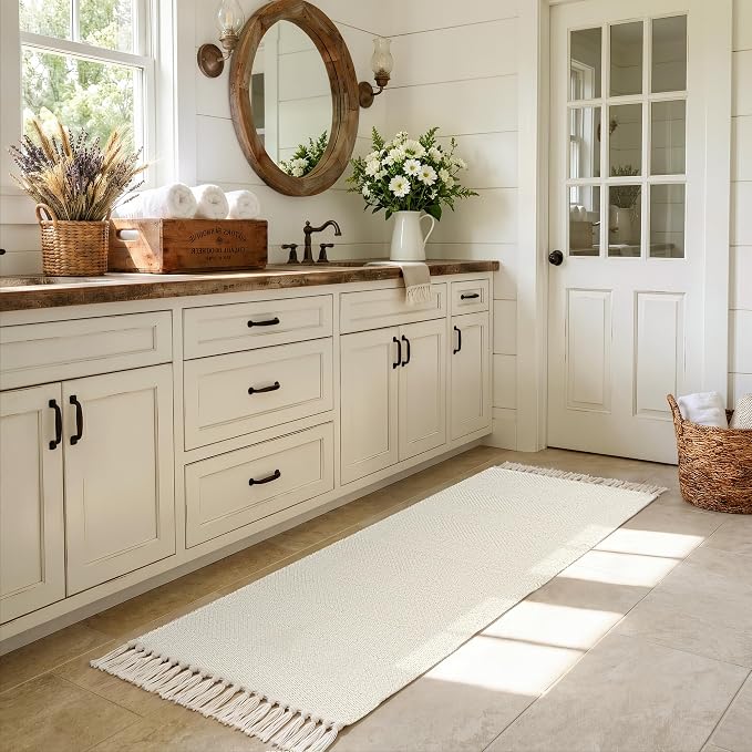 Collive 2' x 6' Kitchen Runner Rug, Modern Farmhouse Washable Bathroom Mat, Boho Hand-Woven Hallway Runner Rugs White Reversible Bedroom Carpet for Laundry Entryway Home Decor
