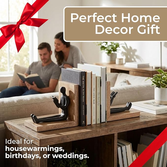Sagebrook Home Set of 2 Decorative Bookends - Metal & Wood Reader Figurine - Boho Style Bookshelf Decor for Home & Office - 6" Brown & Black