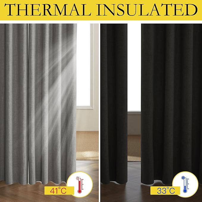 NICETOWN Grizzle Gray Vintage Linen 100% Blackout Curtains for Dining Room, Thermal Insulated Curtains 54" Long, Noise Reducing Window Treatment Drapes for Kitchen, 42" Wide Per Panel, Set of 2