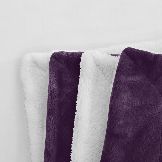 Elegant Comfort Reversible and Ultra-Plush Flannel Fleece Sherpa Throw- Lightweight Soft and Cozy- All Season Decorative Throw, Perfect for Lounging, 50 x 60 inches, Purple
