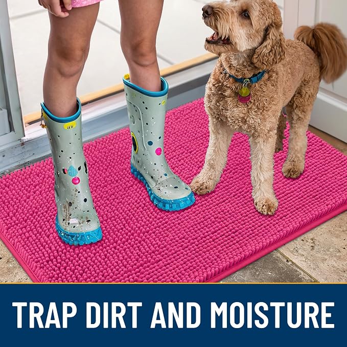 Smiry Dog Door Mat for Muddy Paws 59x20, Absorbent Dirt Trapper, Non-Slip Washable Chenille Entryway Rug for Inside Floor, Hot Pink, Classic Solid