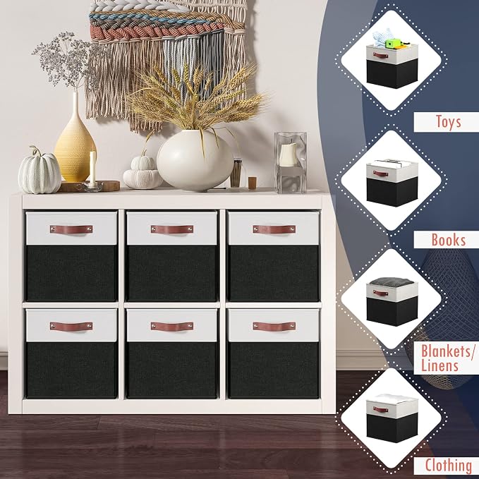 Ornavo Home 11x11 Foldable Fabric Storage Cube Bins, 6 Pack, White/Black | Collapsible Linen Shelf Basket Organizer; Leather Handles; Ideal Cube Storage For Closet