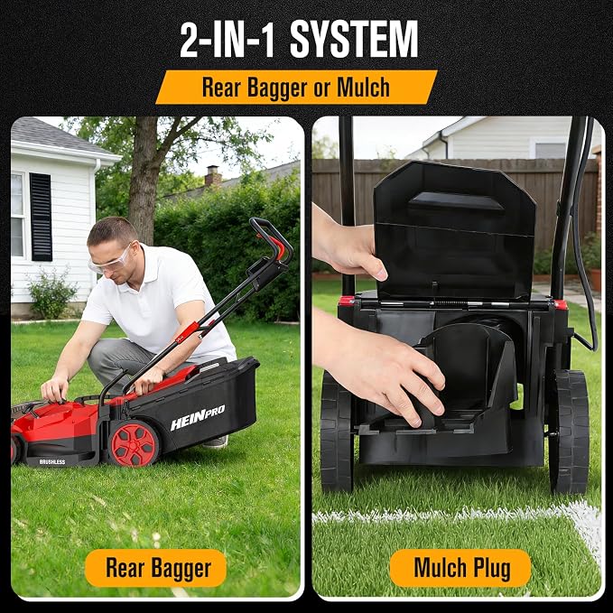 HEINPRO 14" Cordless Lawn Mower Compatible with Milwaukee M18 Battery | 2-in-1 Mulching & Rear Bagging Design, Brushless Motor w/ 5-Position Height Adjustment for Small Yards (Battery not Included)