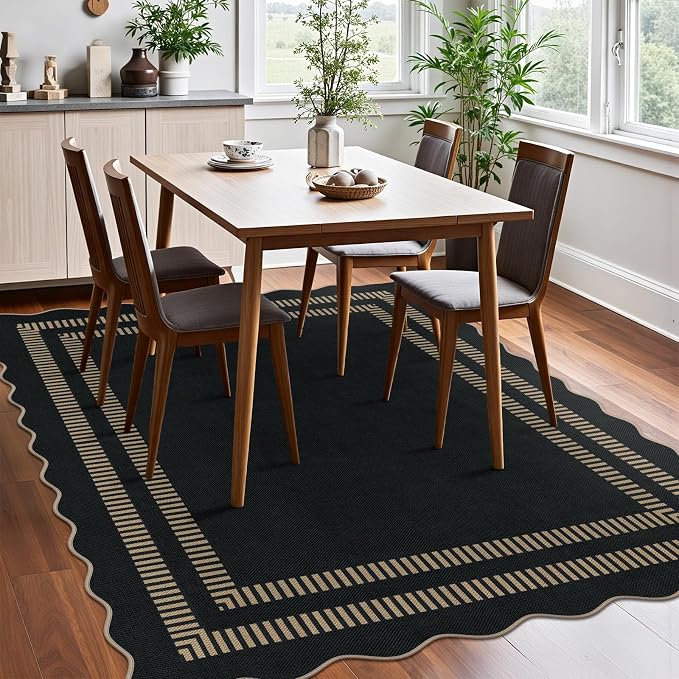 Scalloped Modern Easy Jute Carpet, 5x7 Outdoor Patio Washable Area Rug, Indoor Black Kitchen Rugs Farmhouse Neutral Non Slip Rug for Living Room Patio Entryway