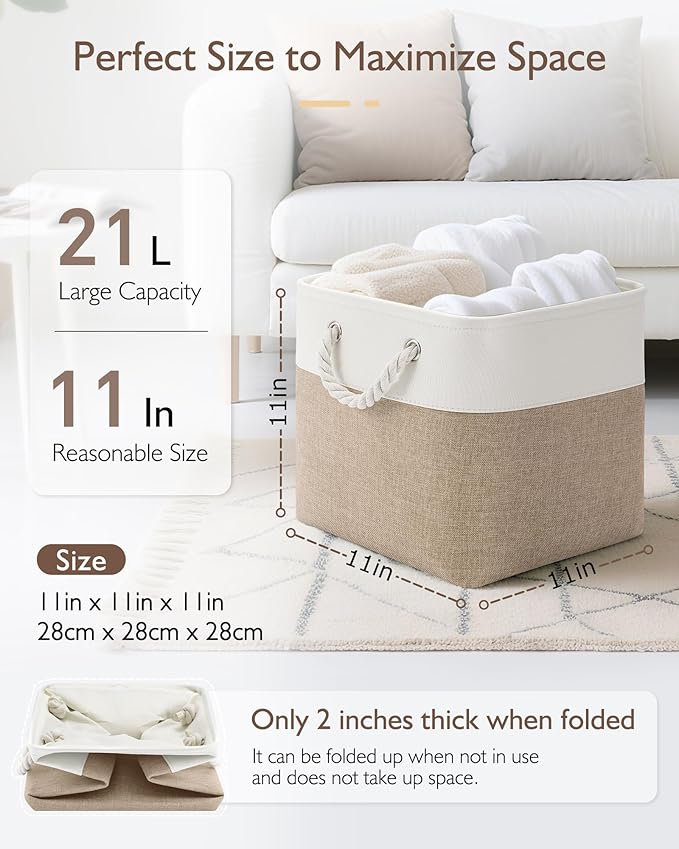 Patvingot 11-Inch Fabric Cube Storage Bins with Handles,4 Pack,Foldable | For cube shelves and closets,keeps grouped for everyday access,reinforced opening and fold-flat storage,white and khaki