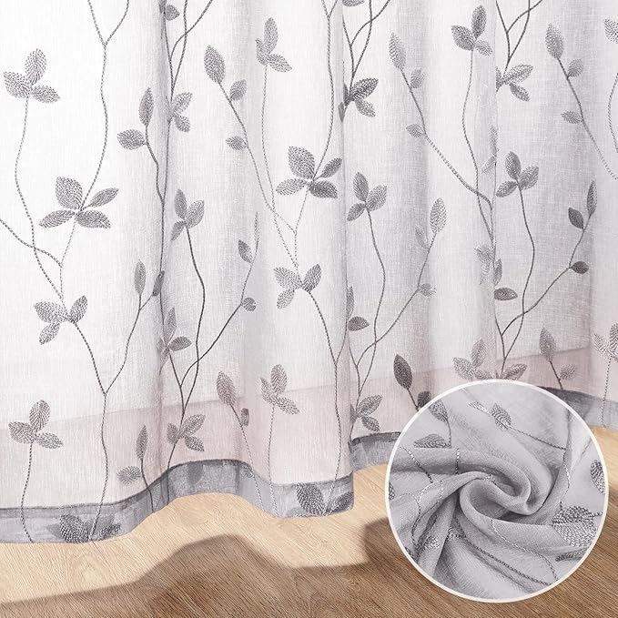 HOMEIDEAS Light Grey Sheer Curtains 52 X 63 Inches Length 2 Panels Embroidered - Image 7