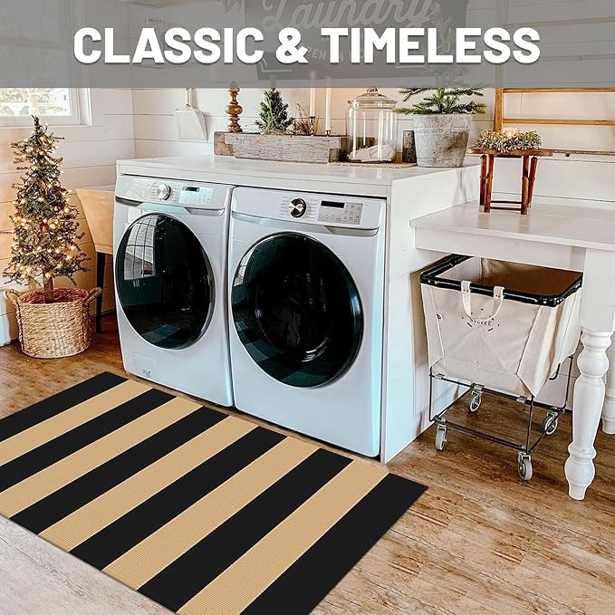IOHOUZE Black Tan Striped Rug 27.5" X 43" Front Door Mats Outdoor, Washable Rug for Front Porch Decor, Spring Summer Welcome Mats Outdoor Indoor, Doormat for Farmhouse/Entryway/Home Entrance