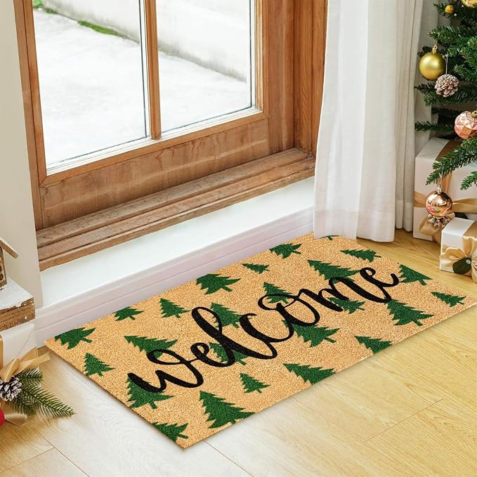 JarThenaAMCS Christmas Tree Door Mat 16.5 x 29 Inch Christmas Coir Doormat Green Xmas Tree Welcome Floor Mat Non-Slip Entrance Door Rugs for Indoor Outdoor Bathroom Decor
