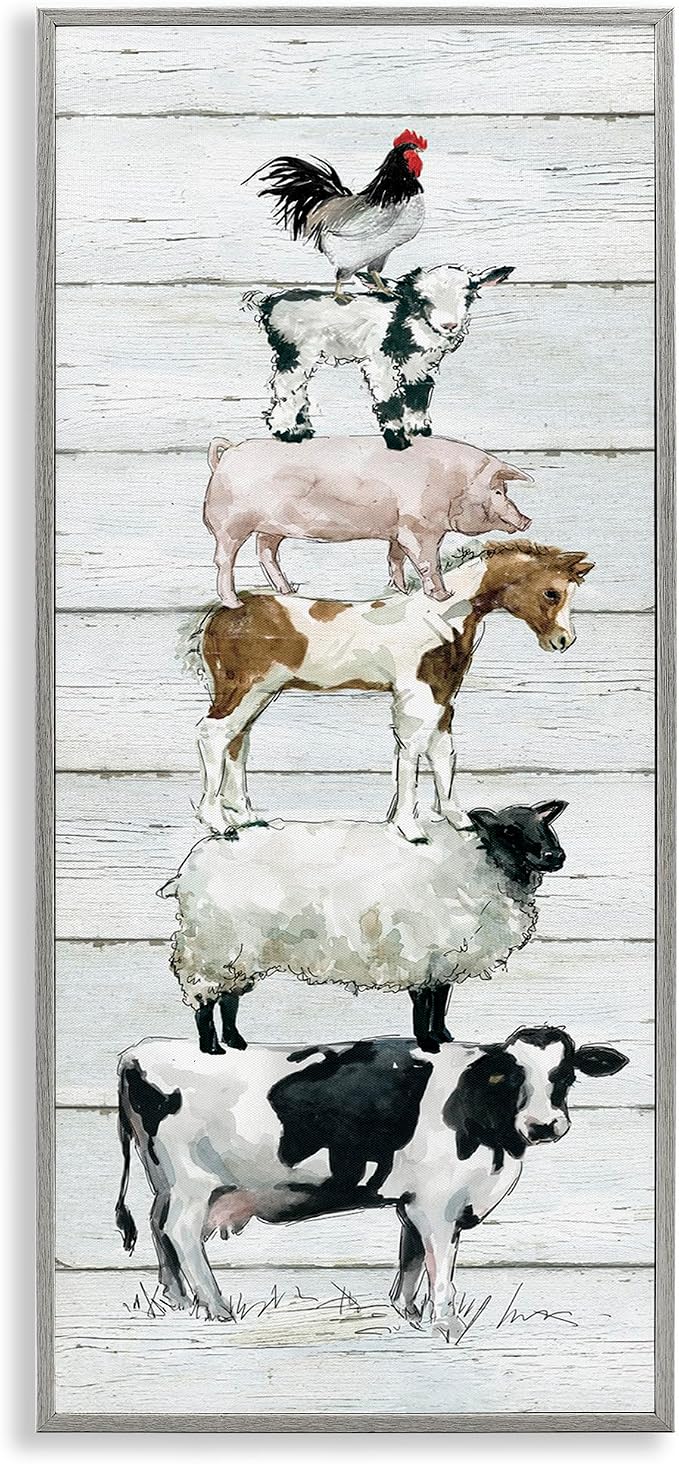 Stupell Industries Country Farm Animal Stack Cow Sheep Pig Rooster, Designed by Carol Robinson Gray Framed Wall Art, 13 x 30, Multi-Color
