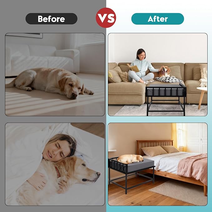 BALAPET Stable Beside Dog Bed and Mattress Set, Beside Dog Bunk Beds for Large Dogs,Metal Bed Frame with Removable Cushion,Dogs Bed Attachment to Human Bed for Small, Medium & Large Breeds(Medium)