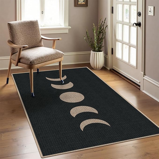 Easy Jute 3x5 Black Moon Area Rug,Washable Entryway Rug,Modern Door Carpet,Neutral Non-Slip Outdoor Indoor Farmhouse Rug for Living Room Kitchen Patio Bedroom