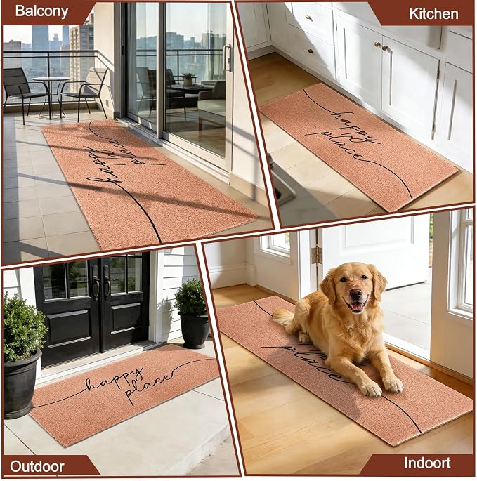 Happy Place Extra Long Doormat for Double Door Entrance, 24x59 Inch | Large Heavy Duty Front Porch Rug with Non Slip PVC Backing, Oversized Decorative Door Mat for Indoor Outdoor Entryway