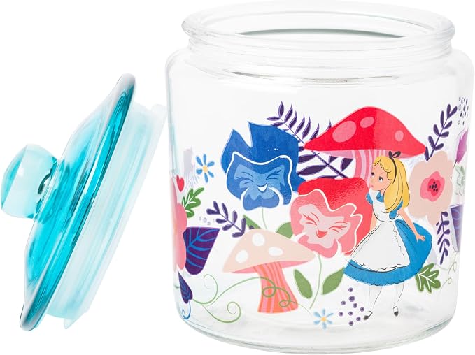 Silver Buffalo Disney Alice in Wonderland Mushrooms, Glass Jar with Lid | Flowers, Cookie Snack Candy, Small Size