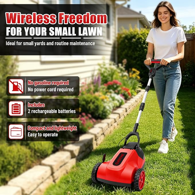 Mini Cordless Lawn Mower, 9 Inch Electric Grass Cutter, Red | Lightweight Push Mower with 2 x 21V 4.0Ah Batteries,Brushless Motor, Adjustable Cutting Heights for Small Yard & Garden