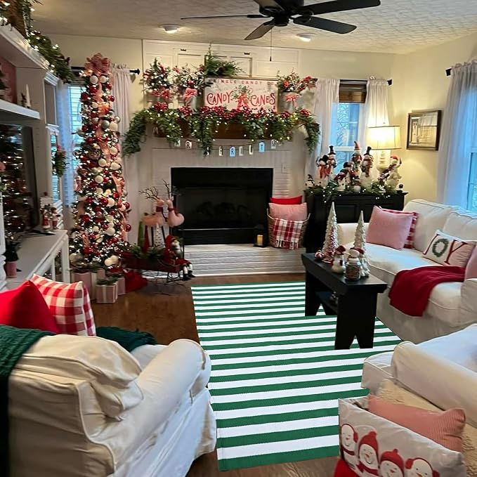 Green & White Striped Rug, 4' x 6' Indoor/Outdoor Area Rug for Front Porch, Entryway, Machine Washable Cotton Woven Welcome Door Mat