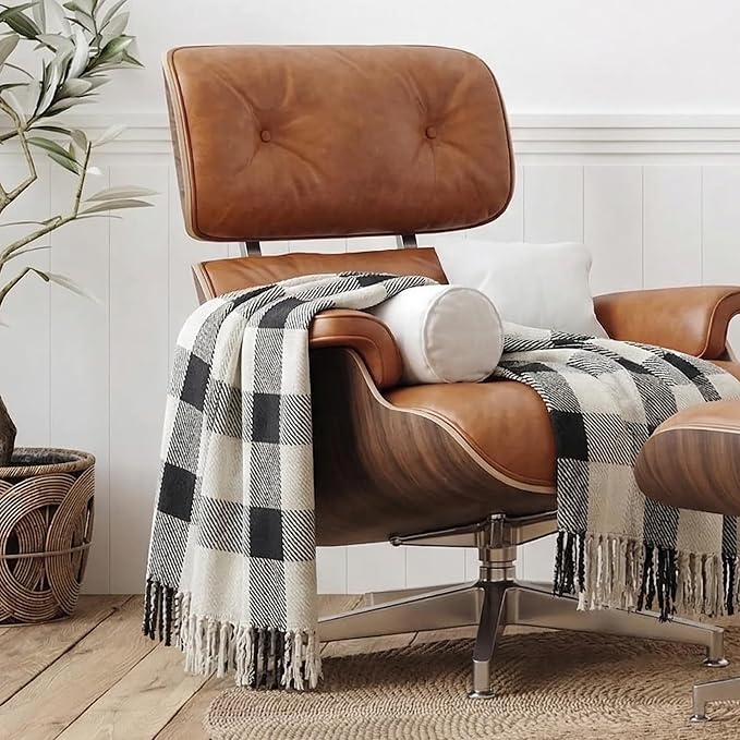 Americanflat 50x60 Throw Blanket - Soft and Breathable Cotton Throw Blanket for Couch, Bed, Chair - Decorative Blankets Perfect for Home, Office, or Outdoor Use - Black, Cream and Beige Plaid Design
