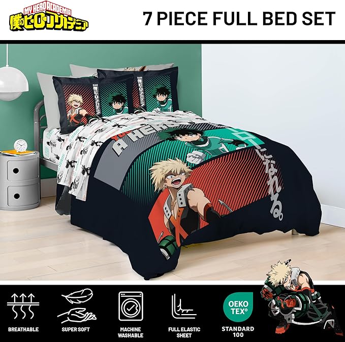 My Hero Academia Deku Full Comforter Set 7 Piece Anime Bedding, Black | Bed in a Bag, Comforter Sheets Shams Pillowcases, Official Product, Soft Microfiber, Machine Washable, Kids Gift