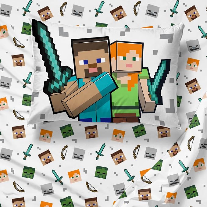 Jay Franco Minecraft Full Comforter Set - 7 Piece Bedding Includes Sheet Set & Pillow Covers - Super Soft Kids Bedding Creeper & Zombie