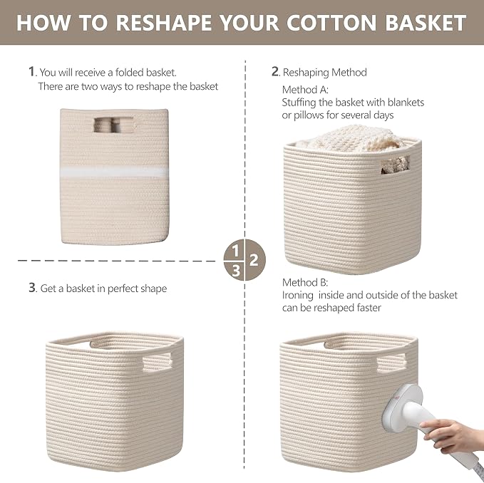 UBBCARE Set of 3 Cotton Rope Basket 11 X 10.5 X 10.5 Inches, Woven Storage Baskets for Shelves, Organizing with Handles, Cube Storage Bins for Storage Books, Magazines, Beige