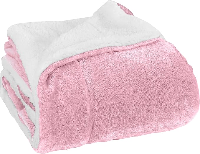 Elegant Comfort Luxury Ultra-Plush Velvet Touch Fleece Throw Soft, Warm, Cozy| Micromink Sherpa-Backing Reversible Blanket for Bed, Sofa and Couch, Solid Light Pink