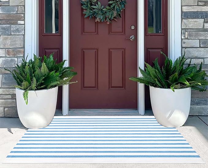 Striped Area Rug 27.5"x43",Light Blue and White Farmhouse Front Porch Rug Cotton Woven Washable Entryway Rug Indoor Outdoor Front Door Mat for Porch/Entryway/Home Entrance Decor