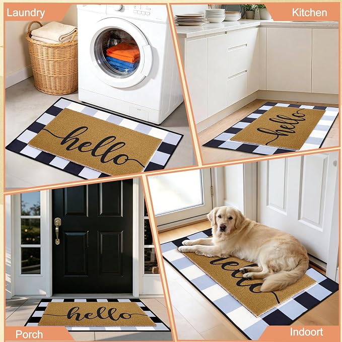 2pcs Layered Doormat Set, Welcome Door Mat for Outdoor Front Door, 16x24 PVC Coil & 24x32 Crystal Velvet Non-Slip Layering Entry Mats for Farmhouse Porch Decoration（Hello, Buffalo Plaid）