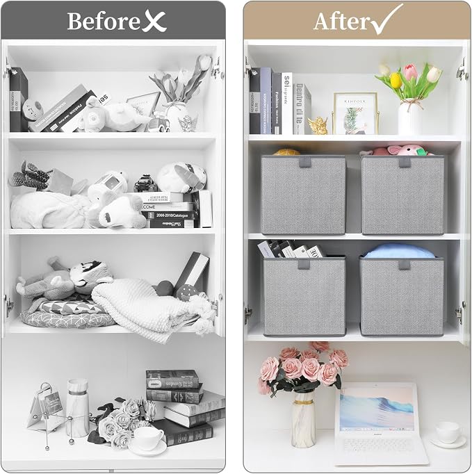 Storage Baskets, 11.8-Inch Woven Fabric Bins, Storage Cubes with Reinforced Handles, Organizer Bins for Closet Shelves, Foldable, for Toys, Clothes (2PCS/Grey-11.8*11.8*11.8inch)