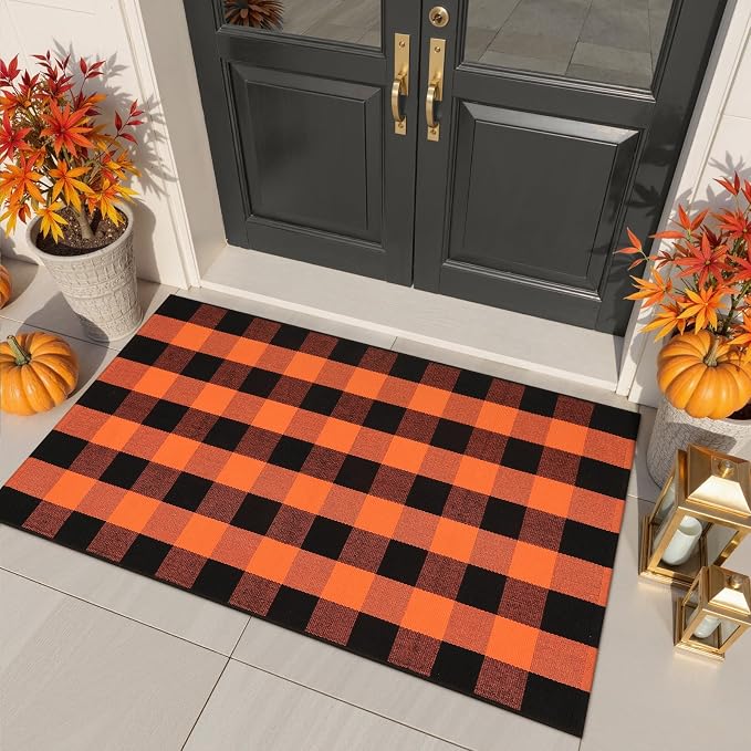 Collive 3x5 Buffalo Plaid Checkered Outdoor Rug, Black and Orange Halloween Fall Decor Door Mat, Washable Front Doormat Outside Entrance, Layered Welcome Mat Porch Cotton are Rugs for Entryway Patio