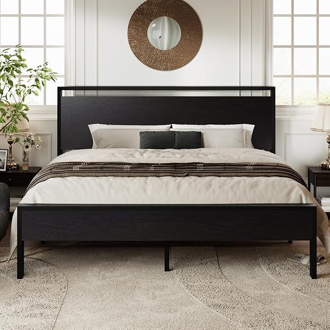 Allewie King Size Bed Frame, Heavy Duty 12 Metal Slats Support, Black Oak | Wooden Headboard and Footboard, Modern Platform Bed, No Box Spring Needed, Under-Bed Storage, Noise Free, Easy Assembly