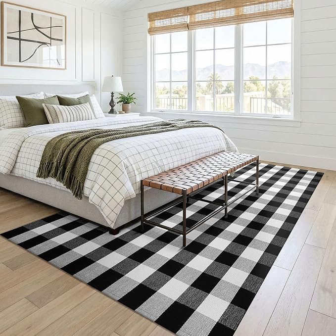 KOZYFLY Buffalo Plaid Area Rug 5x8 Living Room Rug Washable Cotton Black and White Checkered Rugs Outdoor Carpet for Dining Room Bedroom Farmhouse Patio Rugs