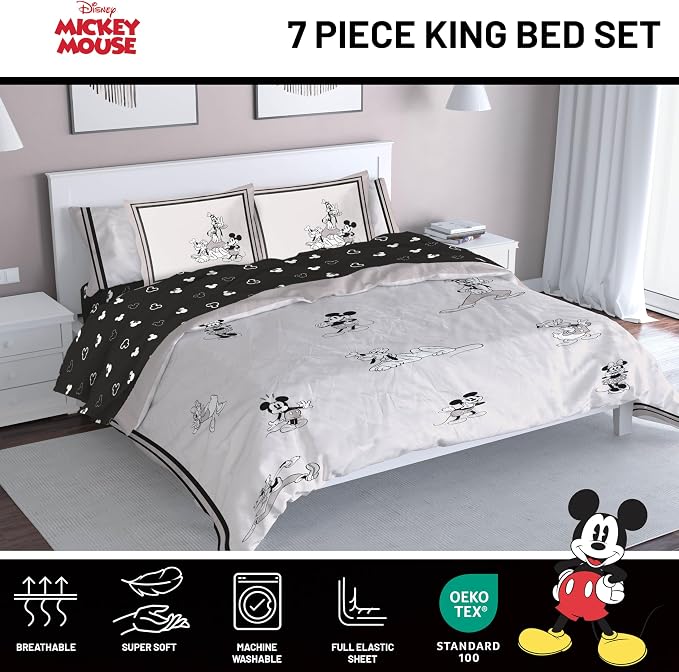 Disney Mickey Mouse and Friends King Comforter Set 7 Piece Bedding, Beige | Minnie Donald Goofy, Bed in a Bag, Comforter Sheets Shams Pillowcases, Official Product, Soft Microfiber, Machine Washable